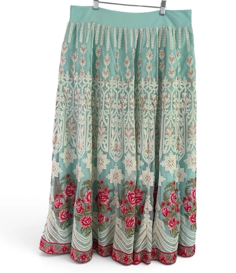 Soft Surroundings Analisa Maxi Skirt L Aqua Embroidered Floral Boho Lace
